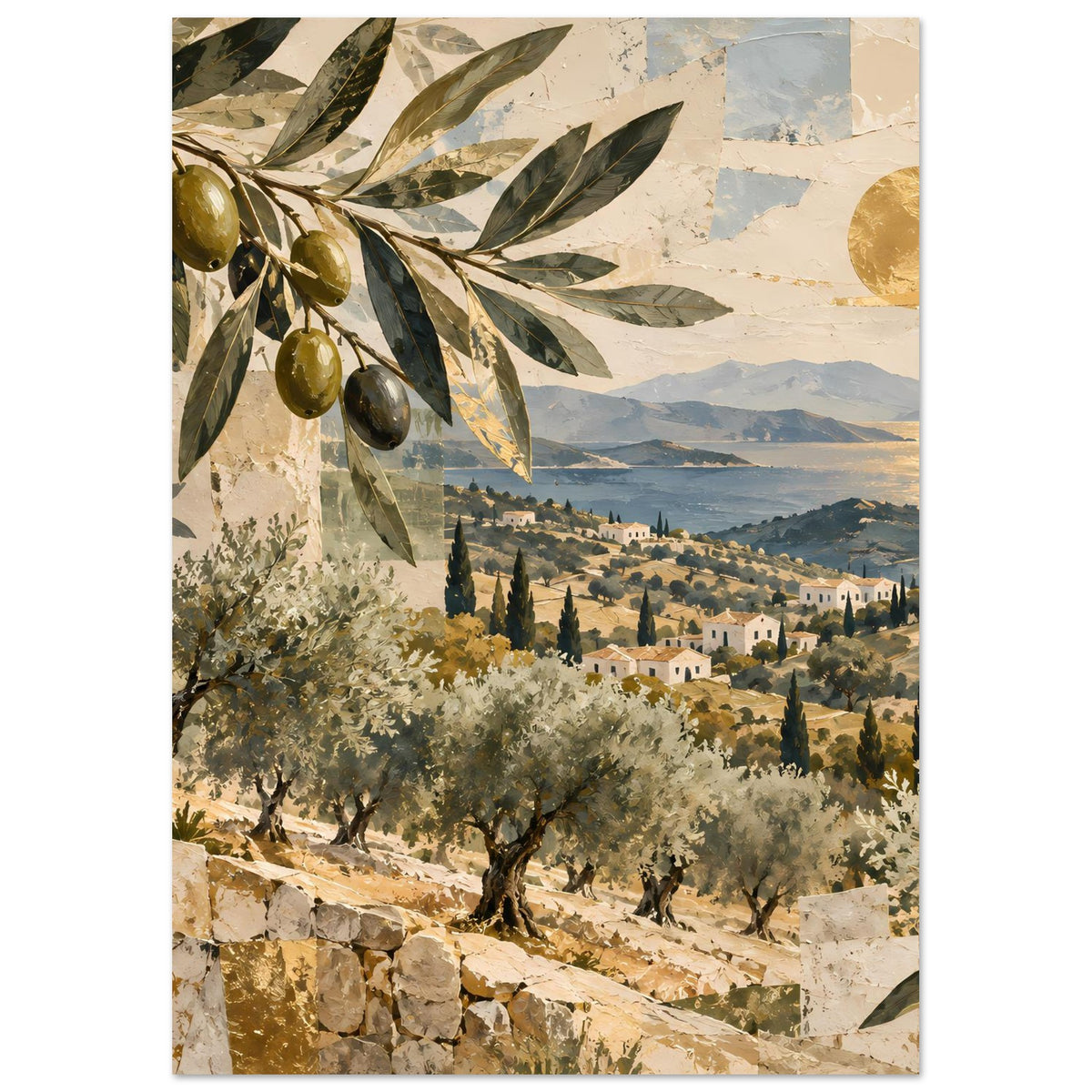 Mediterranes Poster: Olivenzweige und blühender Olivenhain vor weiter Landschaft
