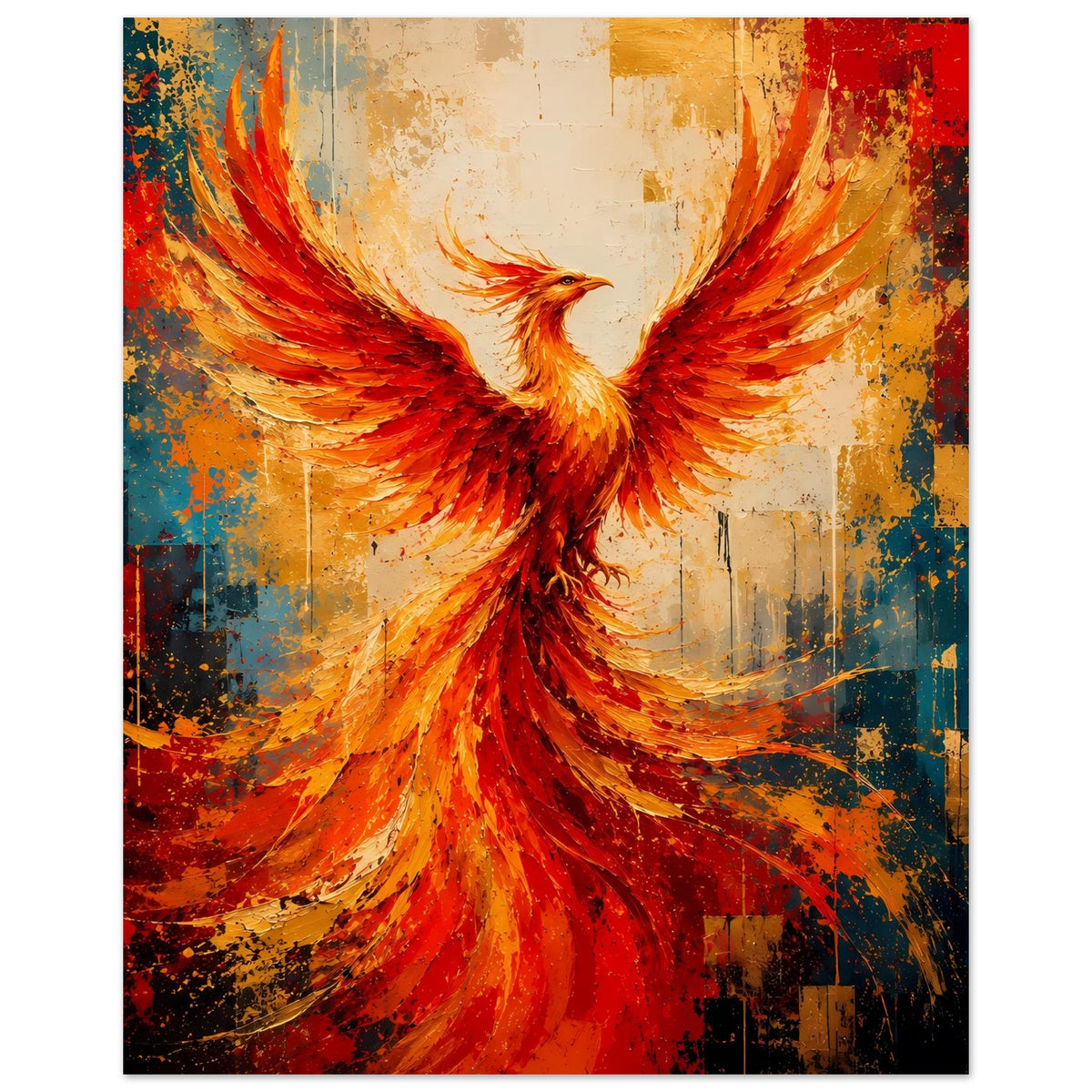 Phönix-Poster im Hochformat mit Flügeln in Rot-Orange und kontrastreichen Farbflecken