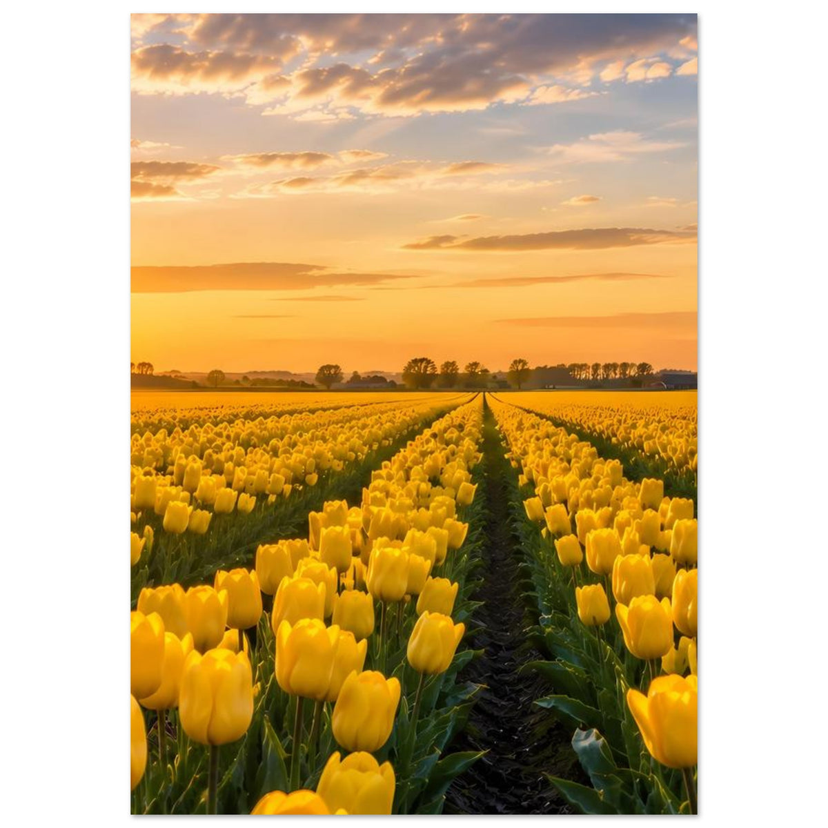 Vertikales Poster mit gelbem Tulpenfeld, mittigem dunklem Weg und Sonnenuntergang