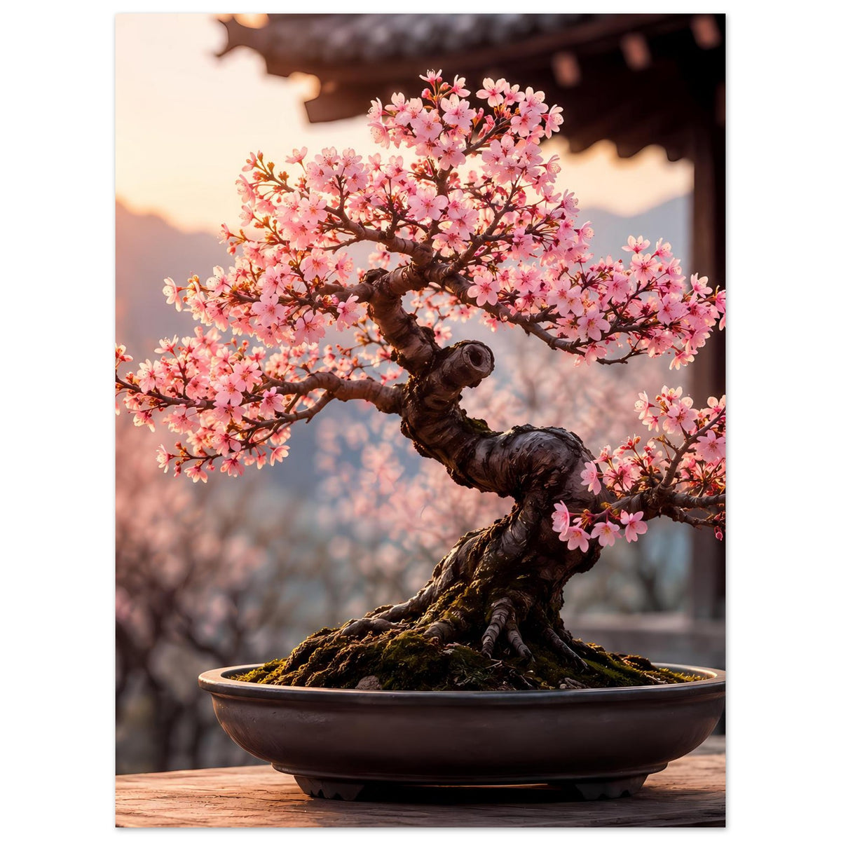 Bonsai-Blütenposter mit rosa Blüten und dunklem Stamm im Schalenpflanzgefäß