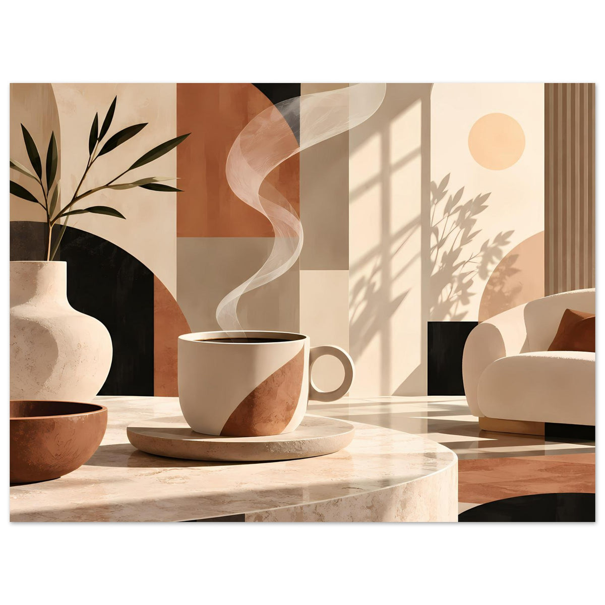 Wandposter Querformat mit warmer Erdtönen-Grafik: Kaffeetasse, Pflanze, abstrakte Formen
