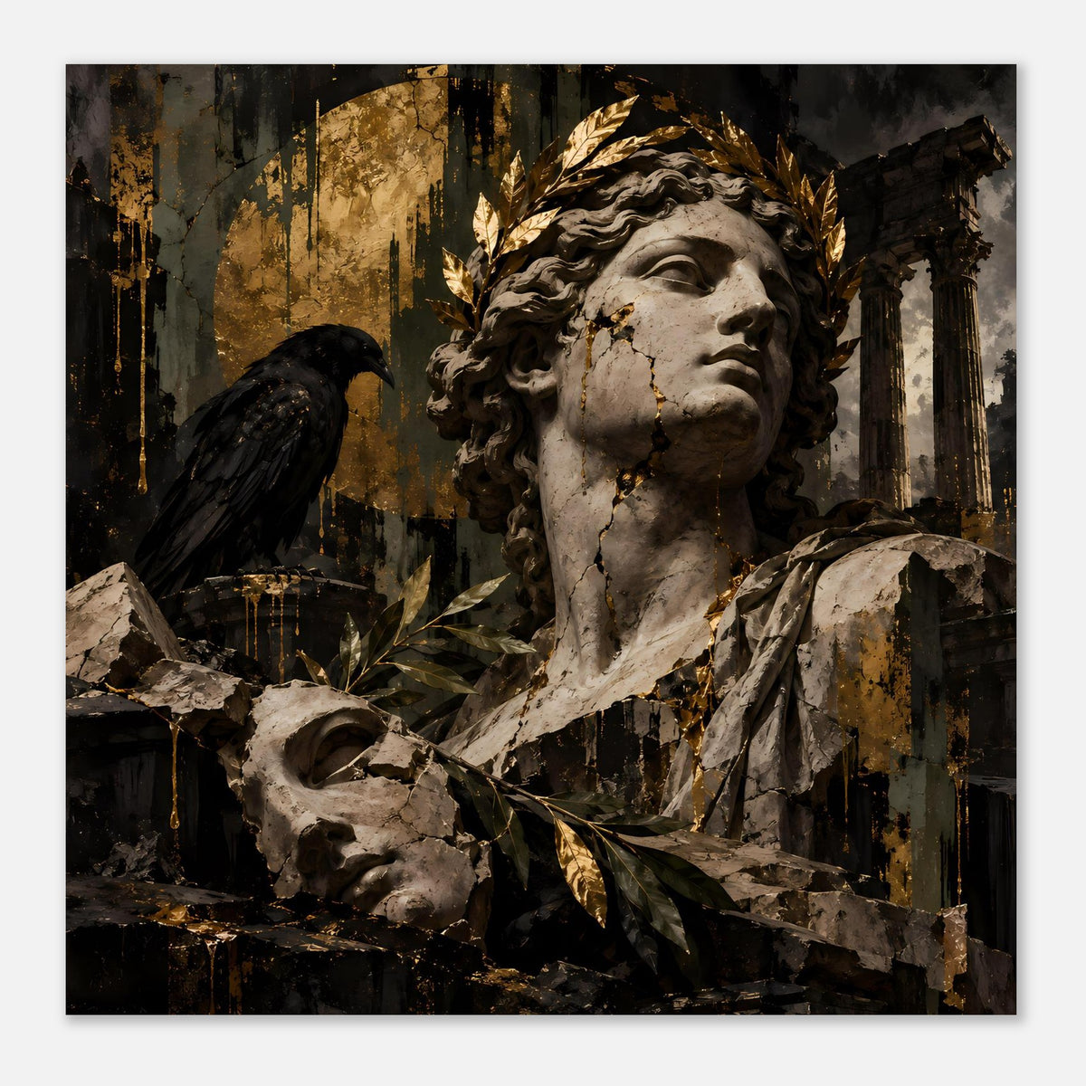 Barockes Poster im Rahmen: Statue mit Lorbeer und Goldakzenten, schwarzer Vogel
