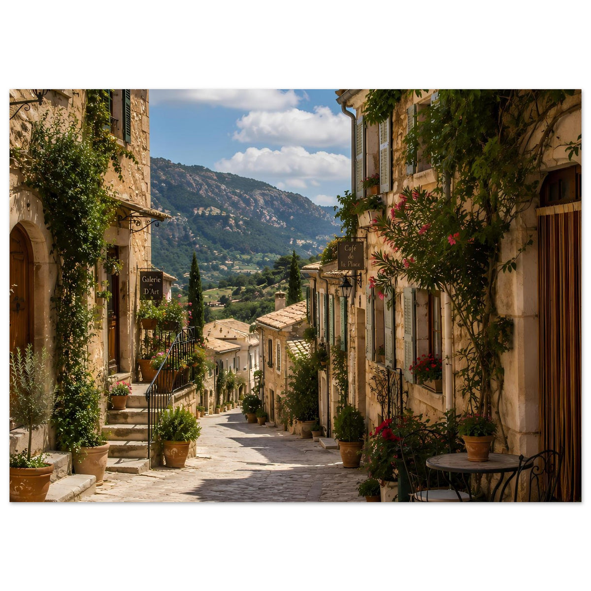 Poster mit mediterraner Straße, Blumen an Fenstern und Blick auf Berge im Tal