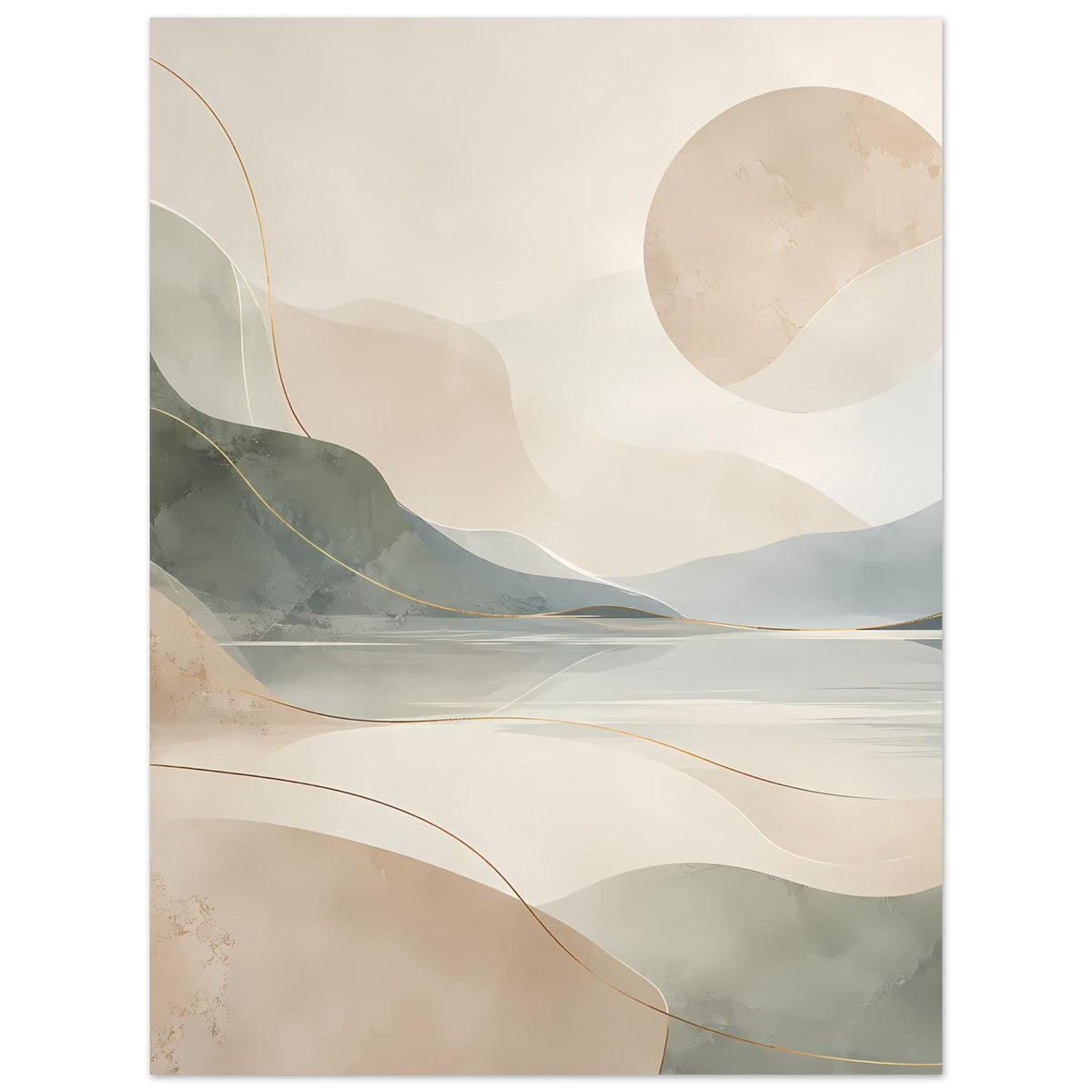 Abstraktes Poster: Landschaft mit Bergen, Wasser und Beige-Layern, goldfarbene Kurvenlinien