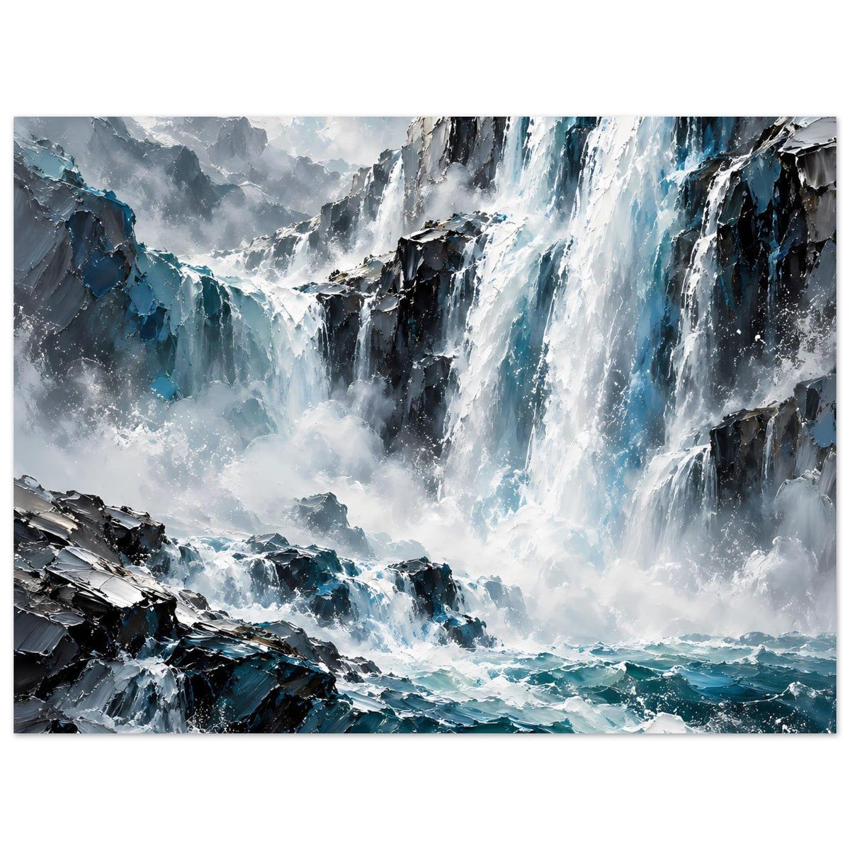 Horizontales Poster mit stürzendem Wasser über Fels, schäumende Wellen