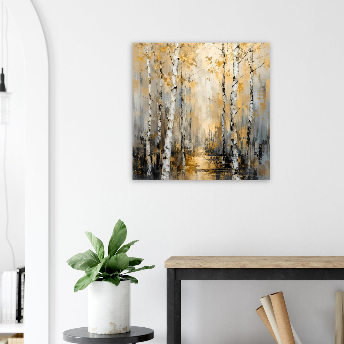 Wandposter Birkenwald, abstrakt gemalt mit goldgelben und grauen Elementen