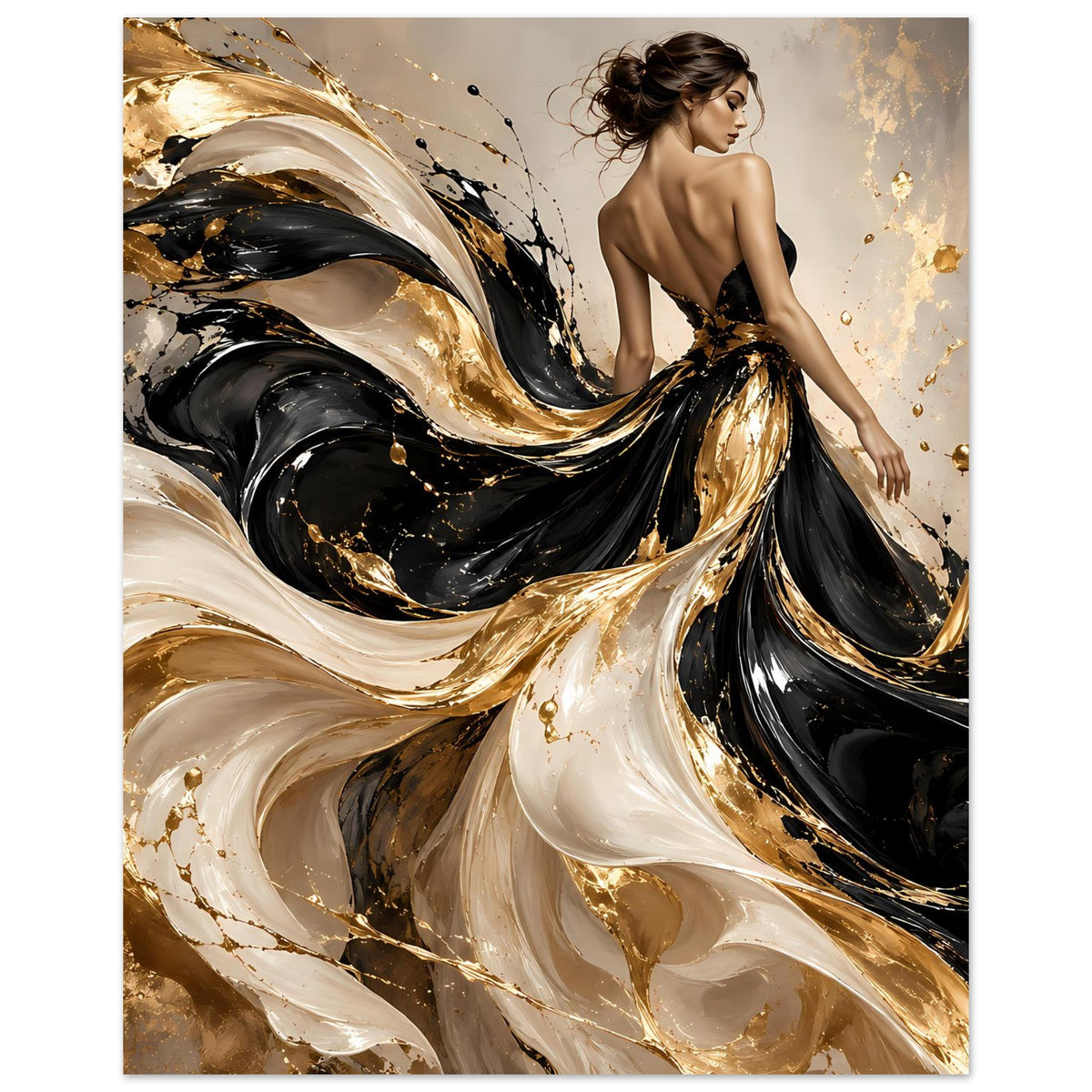 Kunstposter: abstrakte Gold-Schwarz-Wirbel mit Elfenbein-Tönen und Frauenfigur nach rechts
