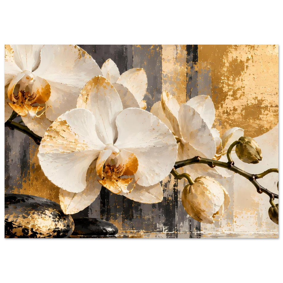 Orchideen-Poster mit weißen Blüten und goldenen Knospen, goldschwarzer Hintergrund mit Sprenkeln