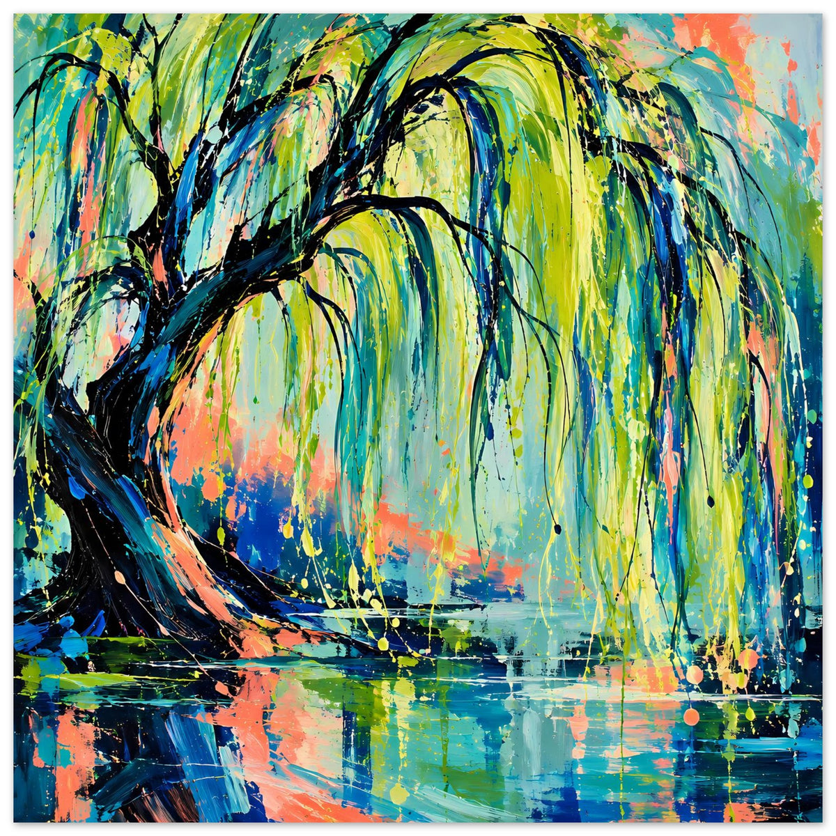 Trauerweide-Baumkunst-Poster im Hochformat: intensive Farben, dunkle Äste und Wasserspiegel