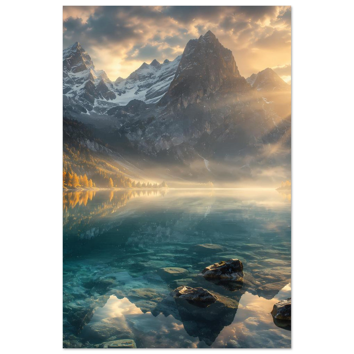 Vertikales Poster mit Berglandschaft, schneebedeckten Gipfeln, goldenem Himmel und türkisfarbenem See