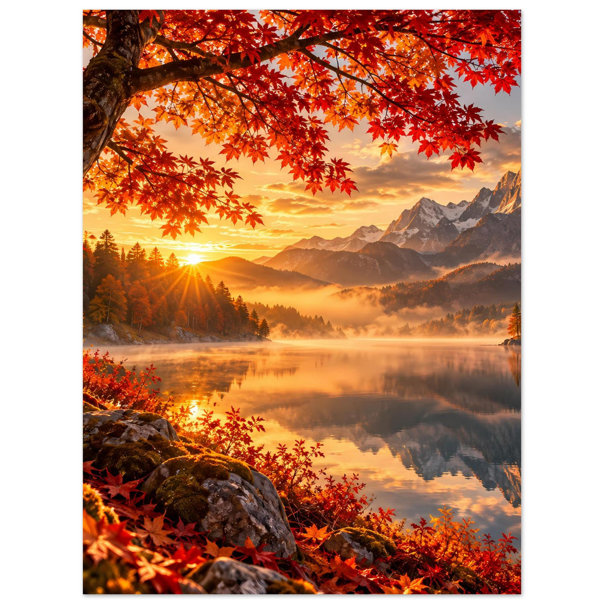 Herbstliches Sonnenaufgangs-Poster mit roten Ahornzweigen, goldener Sonne und Bergtal