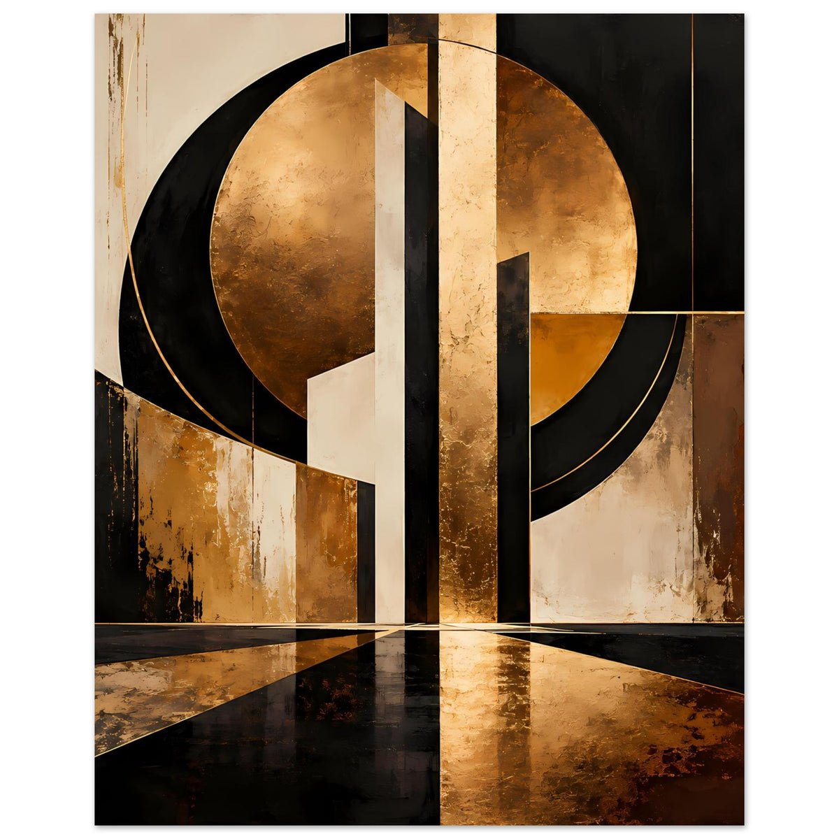 Abstraktes Gold-Schwarz Art Poster: große Kreisformen, schwarze Rahmenlinien und Mittelstrebe