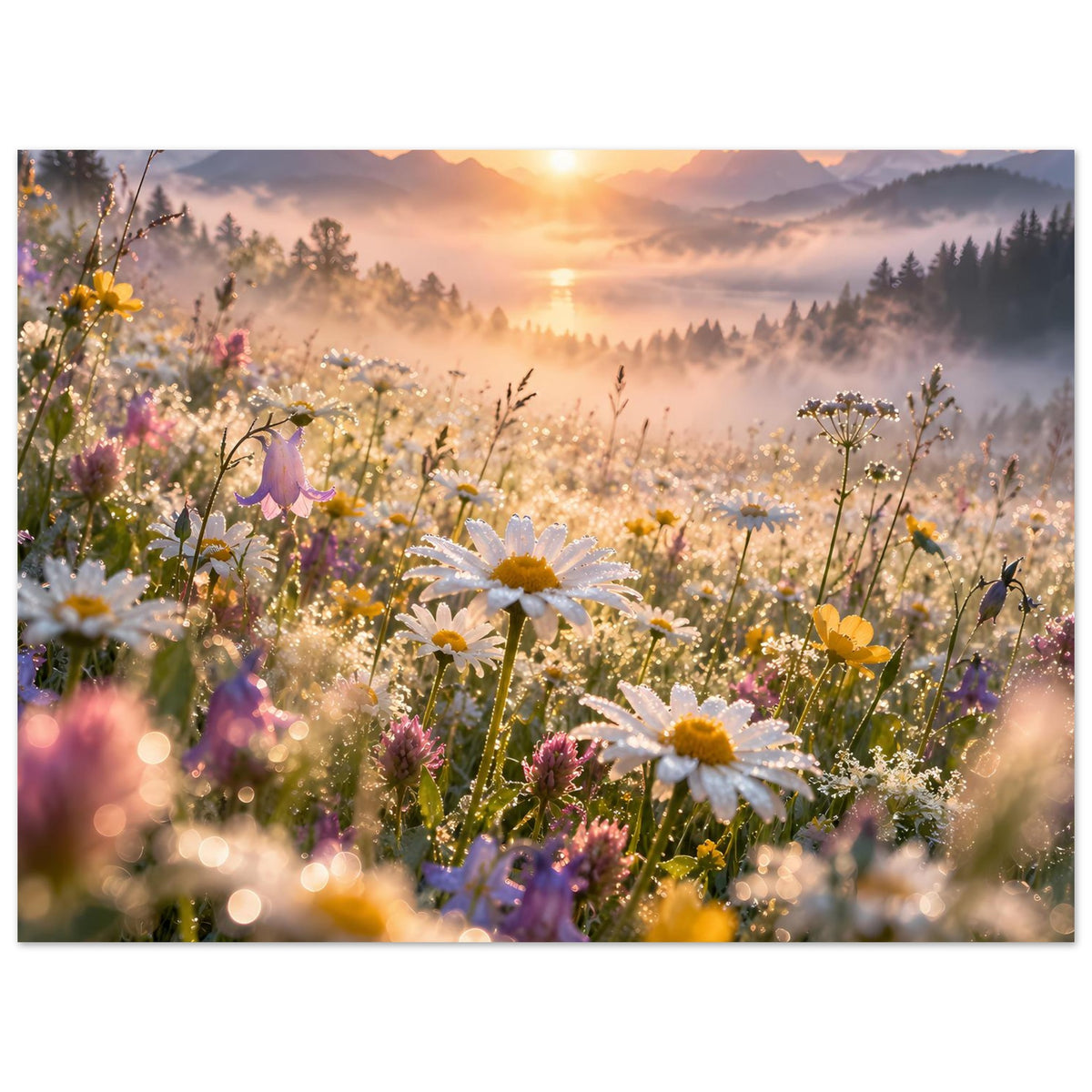 Blumenwiesen-Poster: Naher Blick auf Gänseblümchen und Wildblumen im Morgennebel.