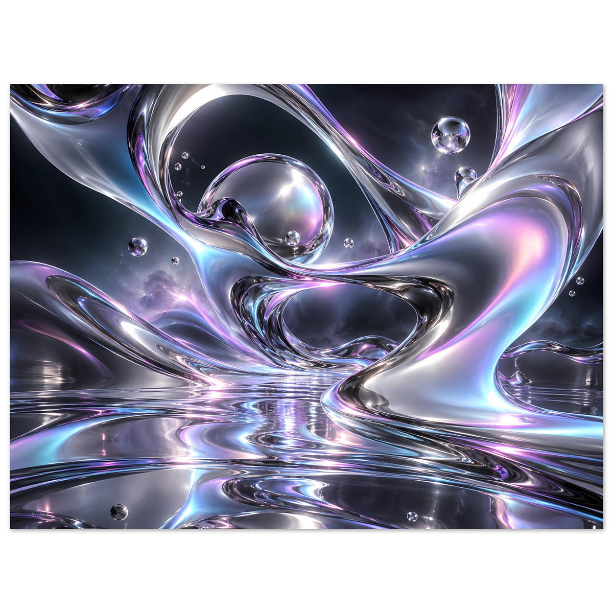 Poster im Querformat: Liquid-Chrome Wellen, silberblau-violette Farbsäume und Blasen