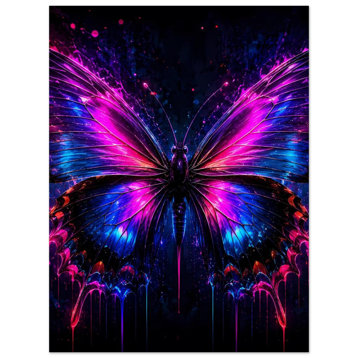 Leuchtendes Schmetterlingsposter im Hochformat mit großen pinken und blauen Neonflügeln
