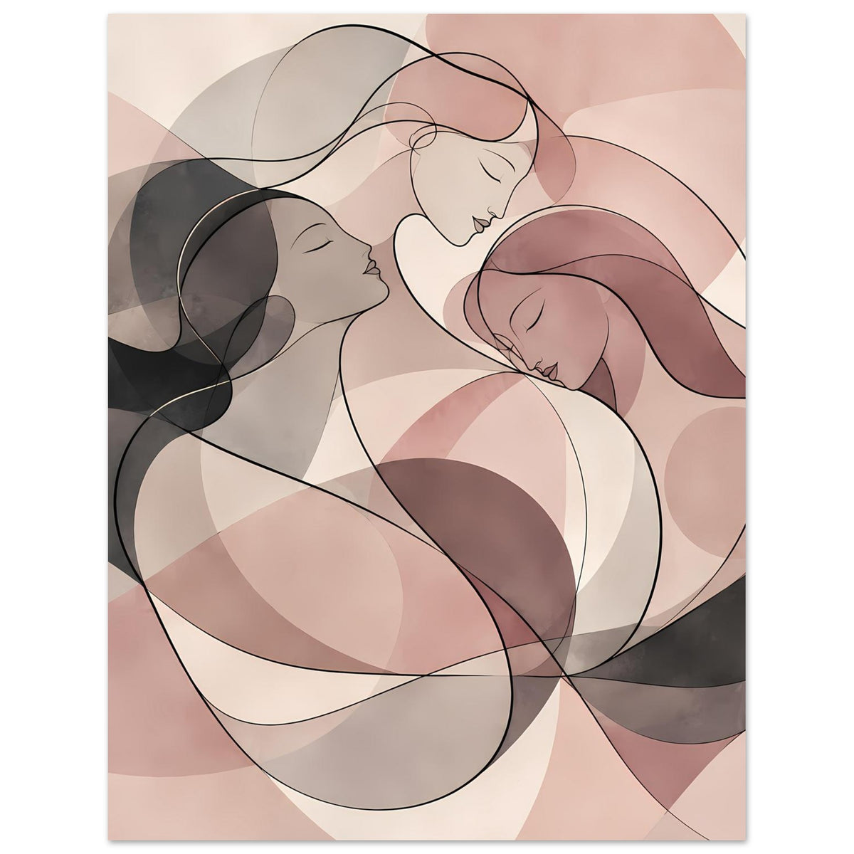 Abstraktes Poster mit drei Frauen in Rosé, Creme und Schwarz