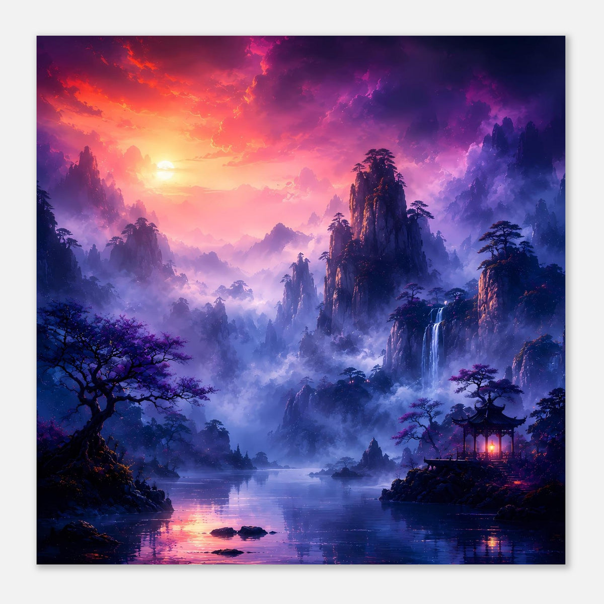 Großes Fantasy-Poster mit nebligen Bergen, lila-blauer Landschaft und Sonnenuntergang