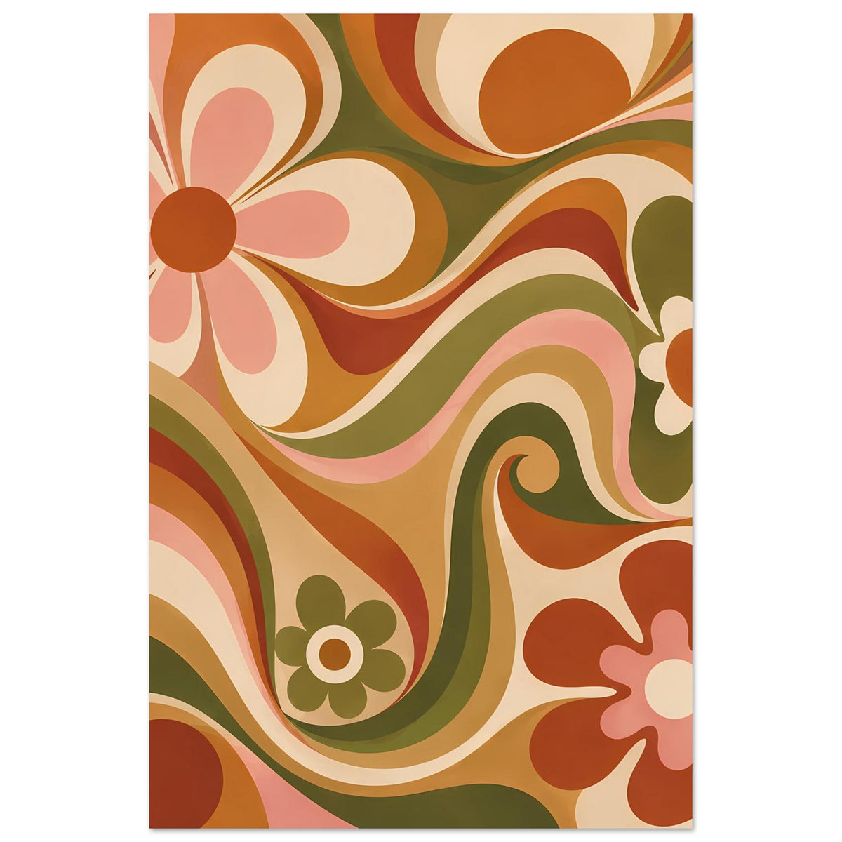 Florales Retro-Poster im Hochformat, Ausschnitt mit Blüten und Wellen in Orange und Olivgrün