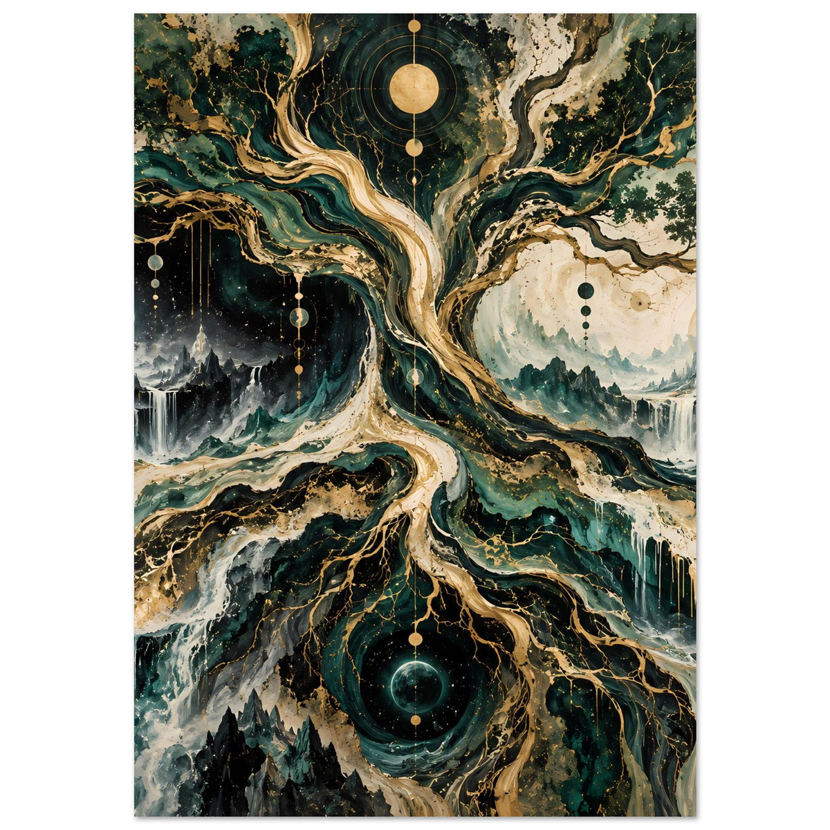 Wandposter mit kosmischem Baum und galaktischen Kreisen, Wurzeln über Landschaften