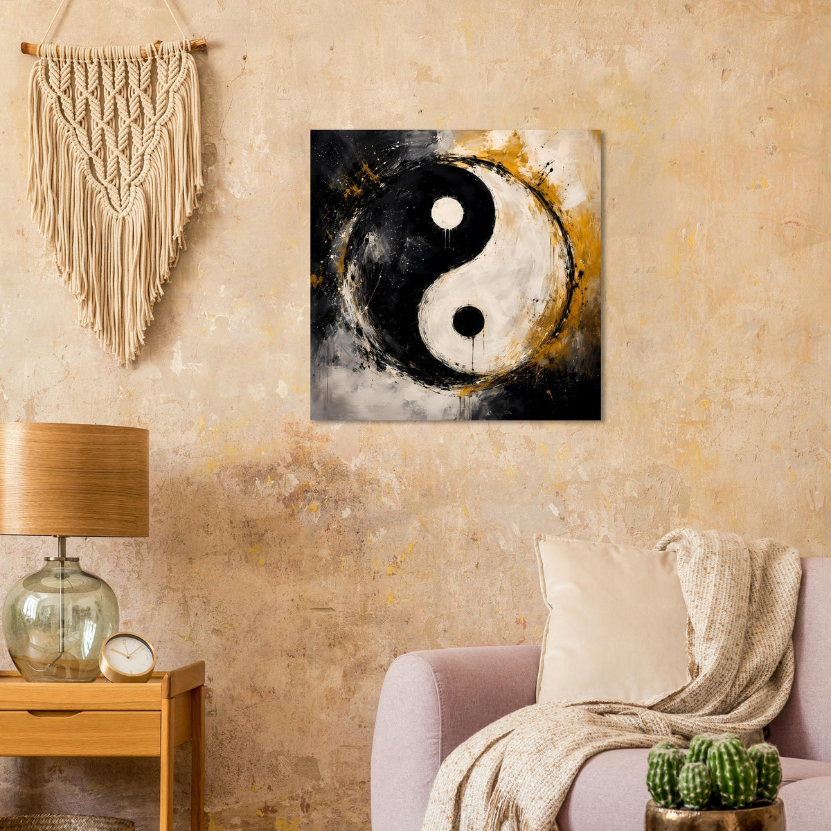 Abstraktes Yin-Yang Poster mit schwarzem und weißem Symbol, goldfarbener Akzent-Tinte