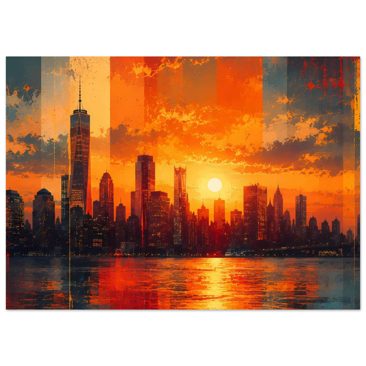 Querformat-Poster mit Stadt-Skyline bei Sonnenuntergang, orange-roter Himmel und reflektierender Fluss