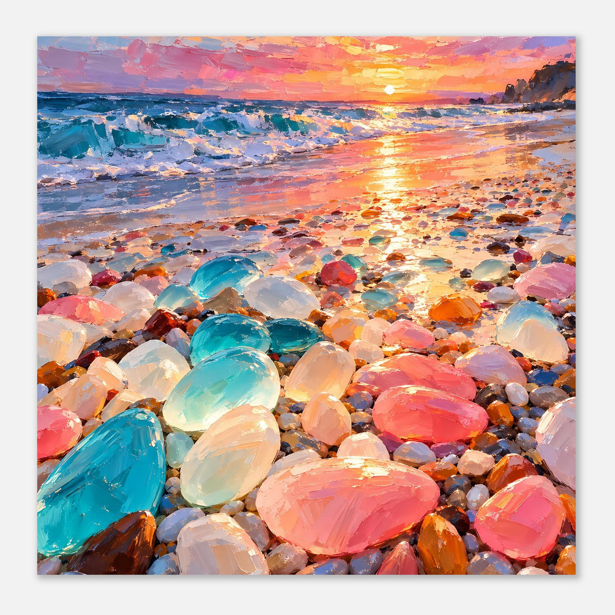 Wandposter mit Quadratformat: Sonnenuntergang über Kieselsteinen in Blau, Orange und Rosa