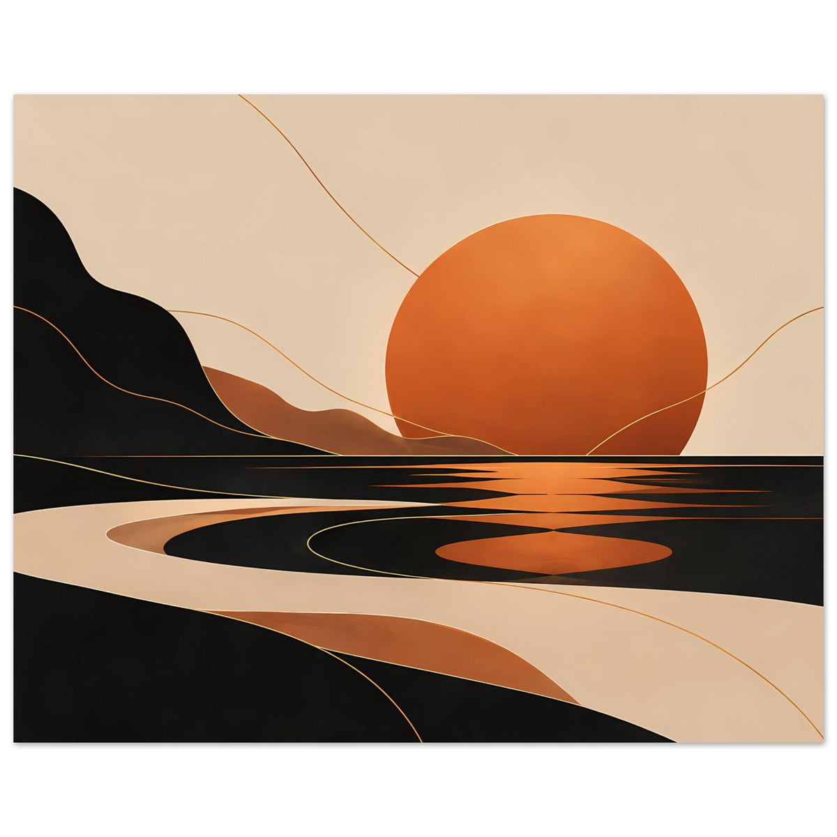 Horizontales Poster: orangefarbene Sonne über schwarzen Flächen, abstrakte Linien in warmen Farbtönen