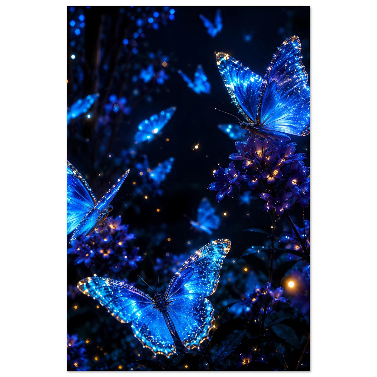 Poster mit leuchtenden blauen Schmetterlingen und Sternenlicht auf dunklem Hintergrund