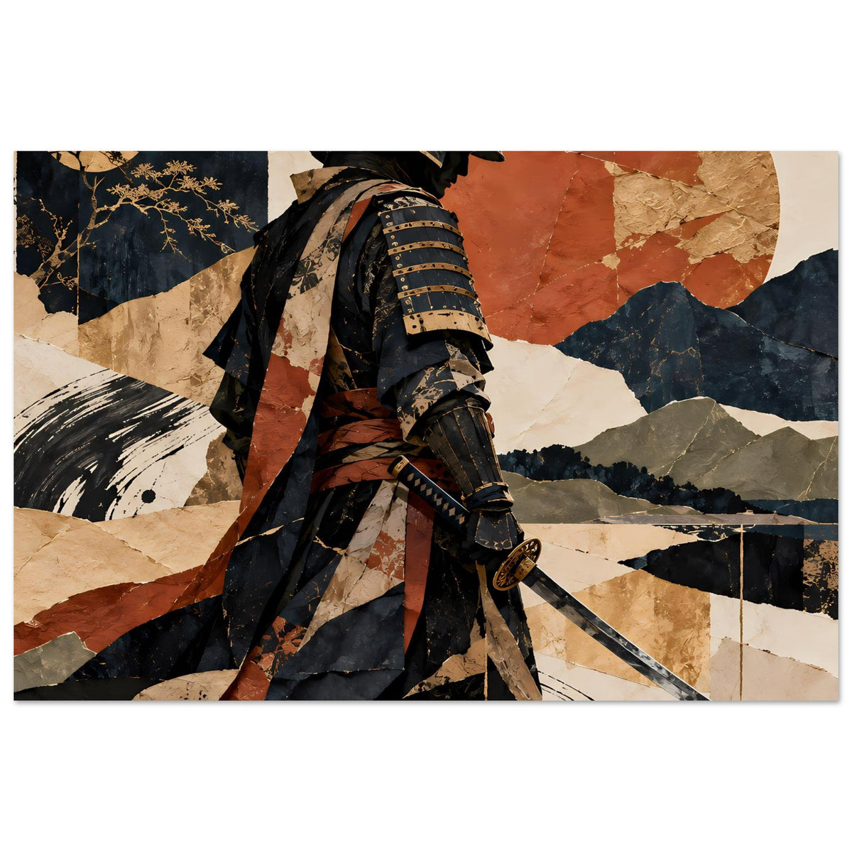 Samurai-Silhouette-Poster mit Helm und Rüstung, Schwert im Vordergrund, Patchwork in Braun/Blau
