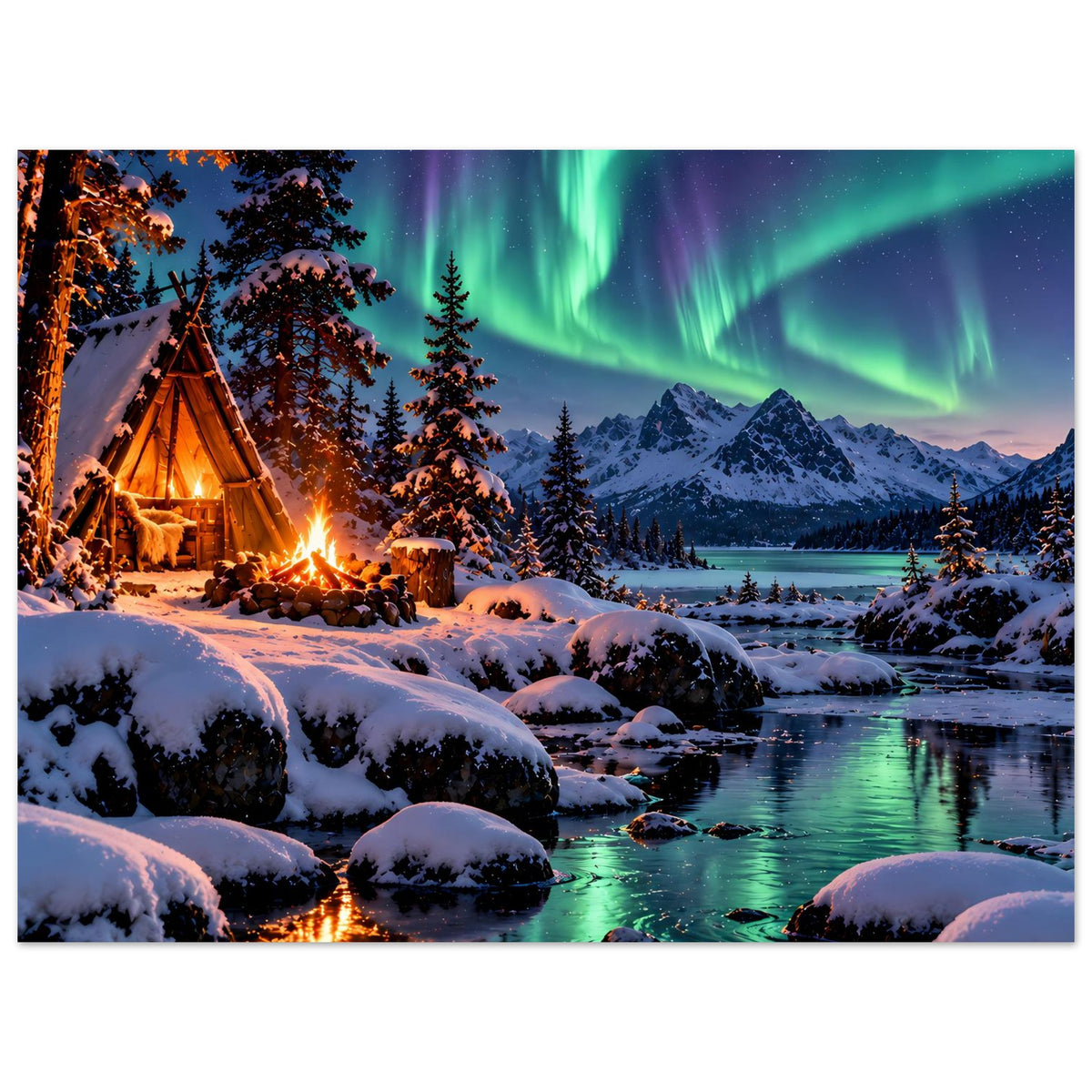 Winterlandschafts-Poster (Querformat) mit Nordlichtern, verschneiter Feuerstelle am Bach