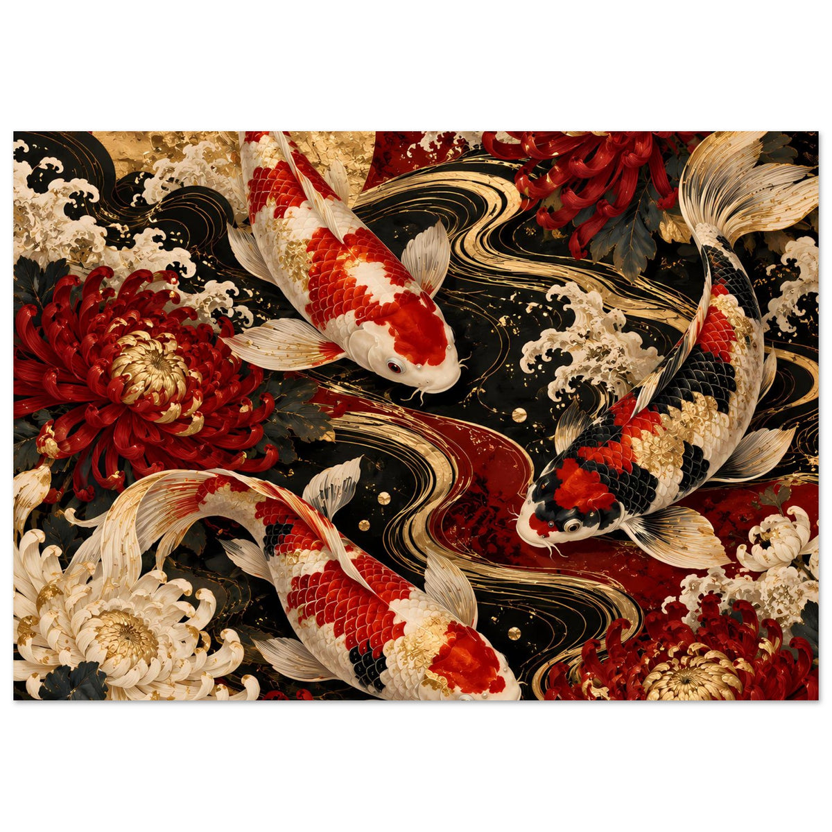 Koi-Karpfen-Poster mit Koi, Wellenlinien und Chrysanthemen, horizontal