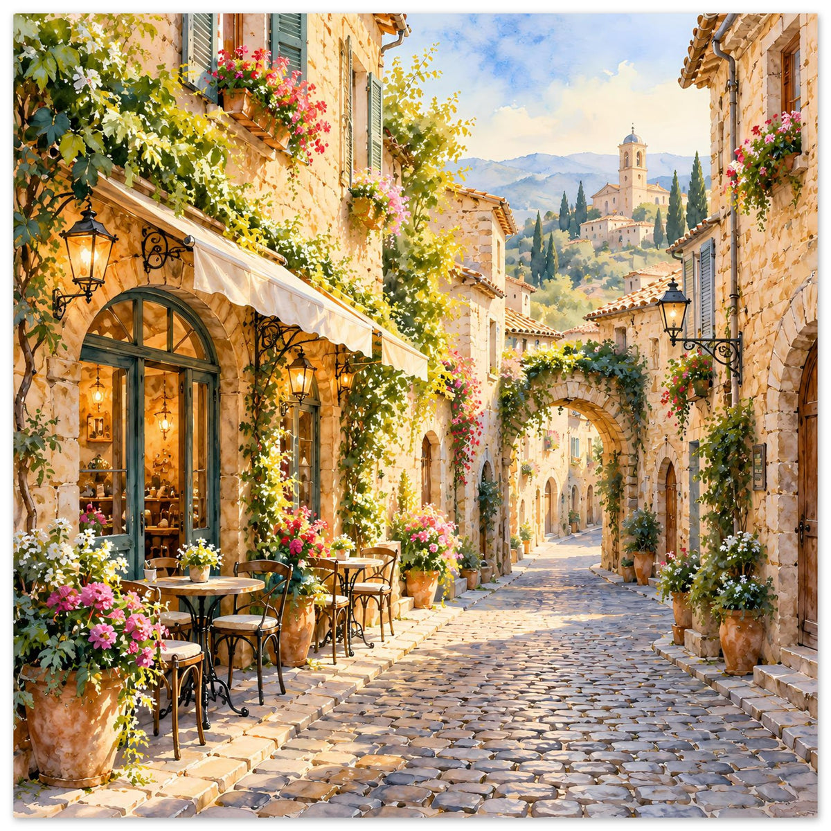 Poster einer mediterranen Dorfstraße mit Blumen und Steinbogen