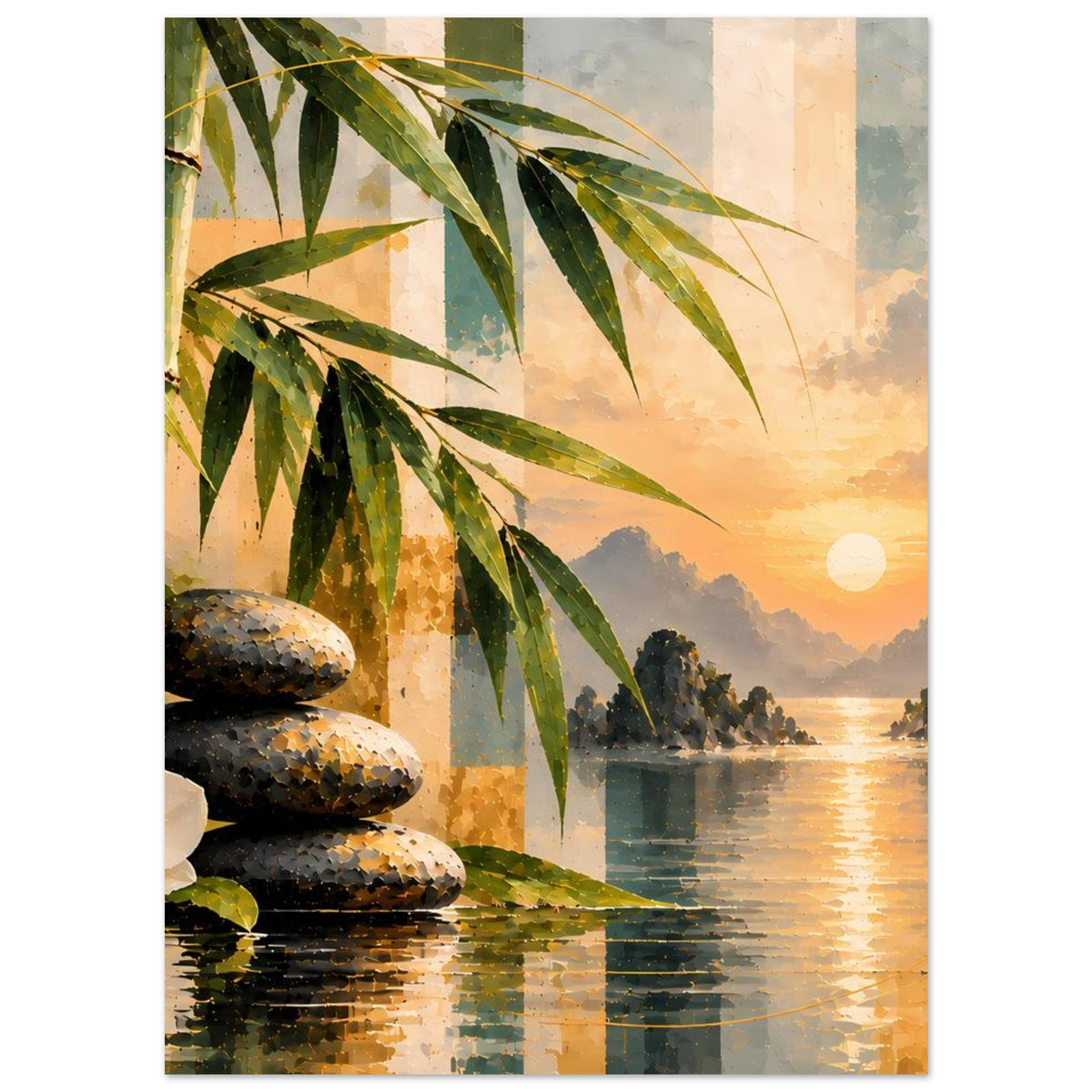 Poster mit Bambuszweigen, Steinhaufen und Sonnenuntergang über dem ruhig wirkenden Fluss