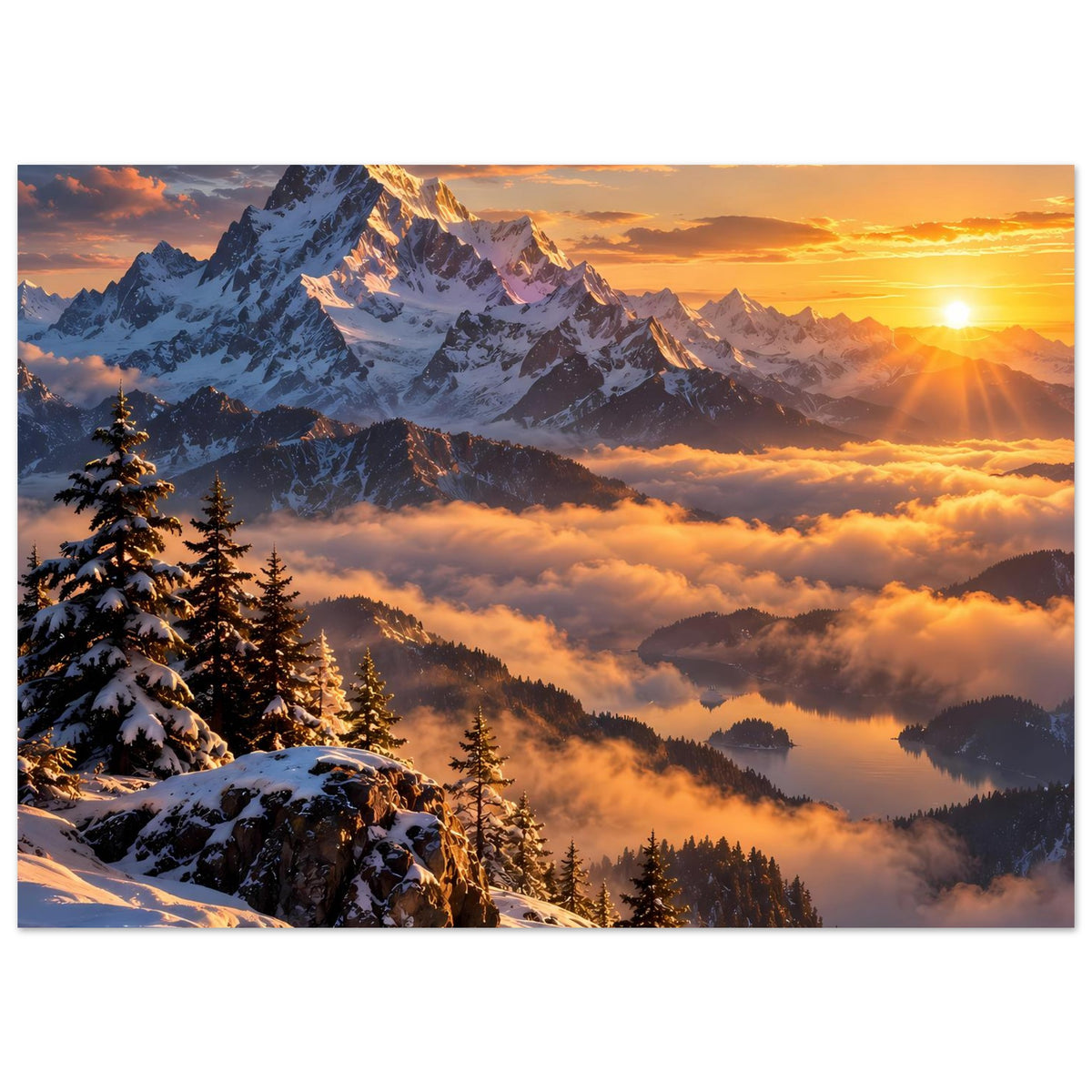 Querformat-Poster mit Bergpanorama, Tannen im Vordergrund und Sonne über den Wolken