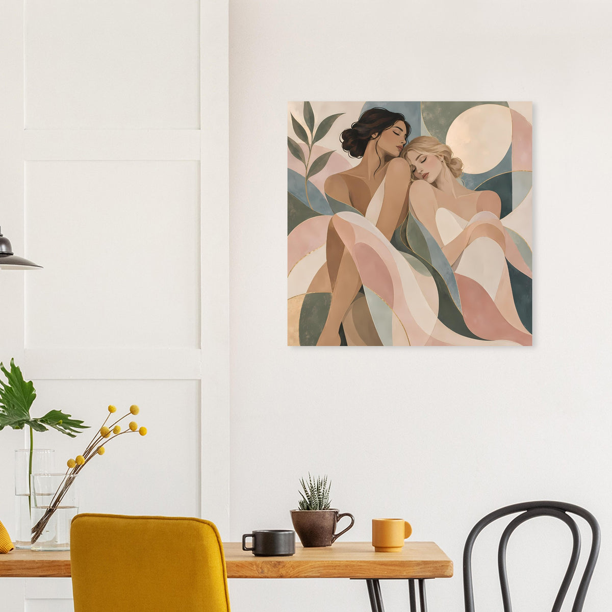 Quadratisches Kunstposter mit zwei Frauenfiguren, Kreisform und floralen Elementen in Pastell