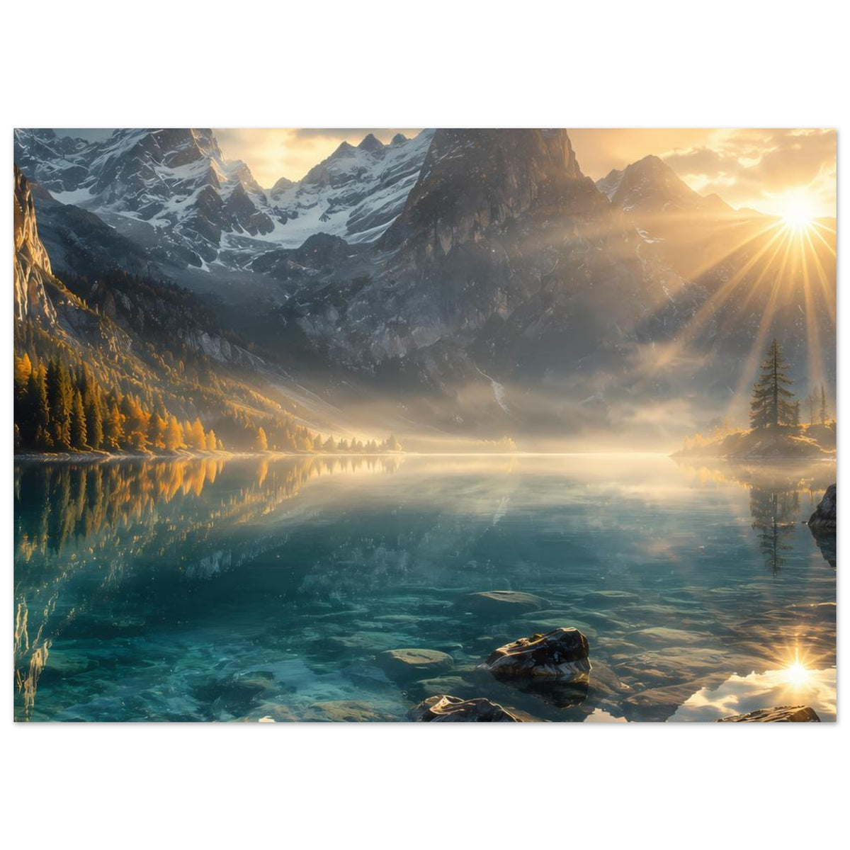 Horizontales Landschaftsposter mit Bergsee, Felsen, Berggipfeln und Sonnenstrahlen rechts