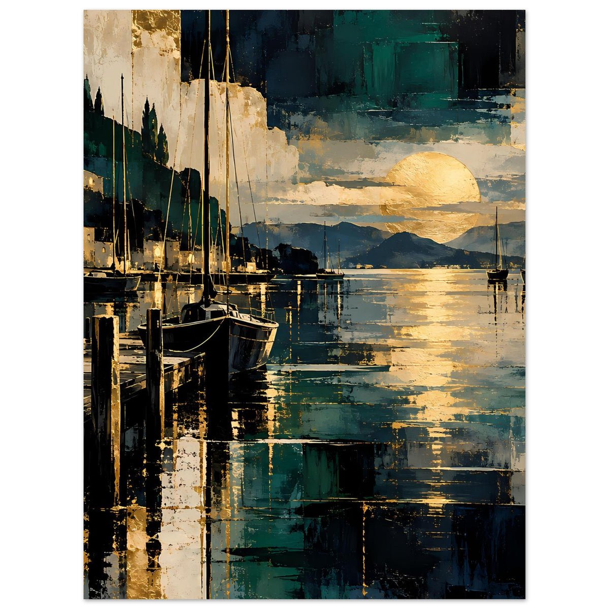 Poster mit Segelbooten und Stegen, goldene Abendsonne, Blautöne und Metallreflexe