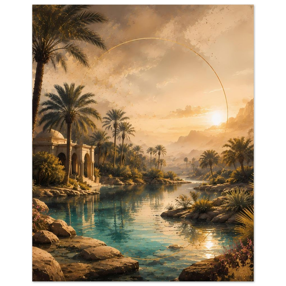 Wandposter (vertikal) mit Palmen, türkisem See und goldener Lichtkante am Ufer
