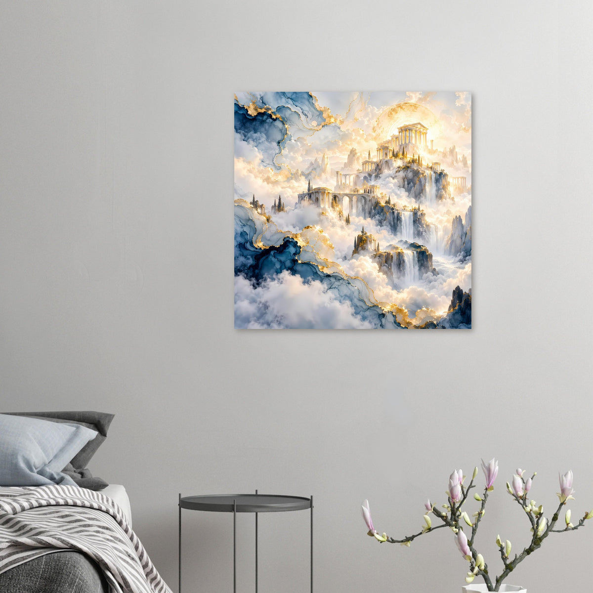 Kleines quadratisches Poster mit blauem Gewölk, goldenen Linien, Tempeln und Wasserfällen