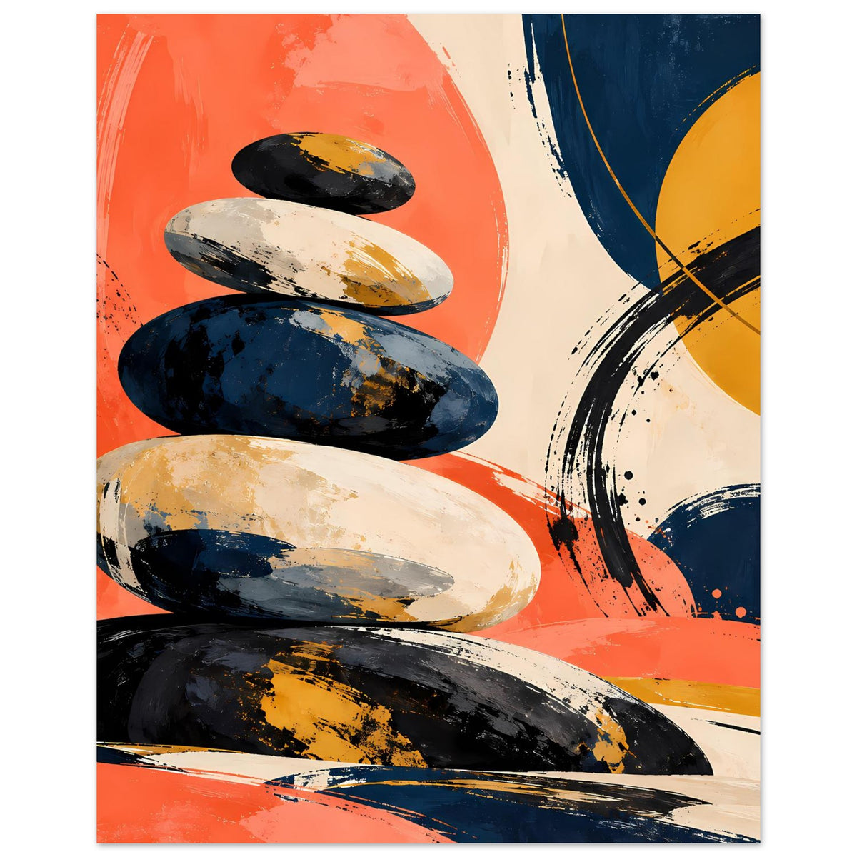 Poster mit abstraktem Steinstapel in Orange, Dunkelblau und Creme, im Hochformat