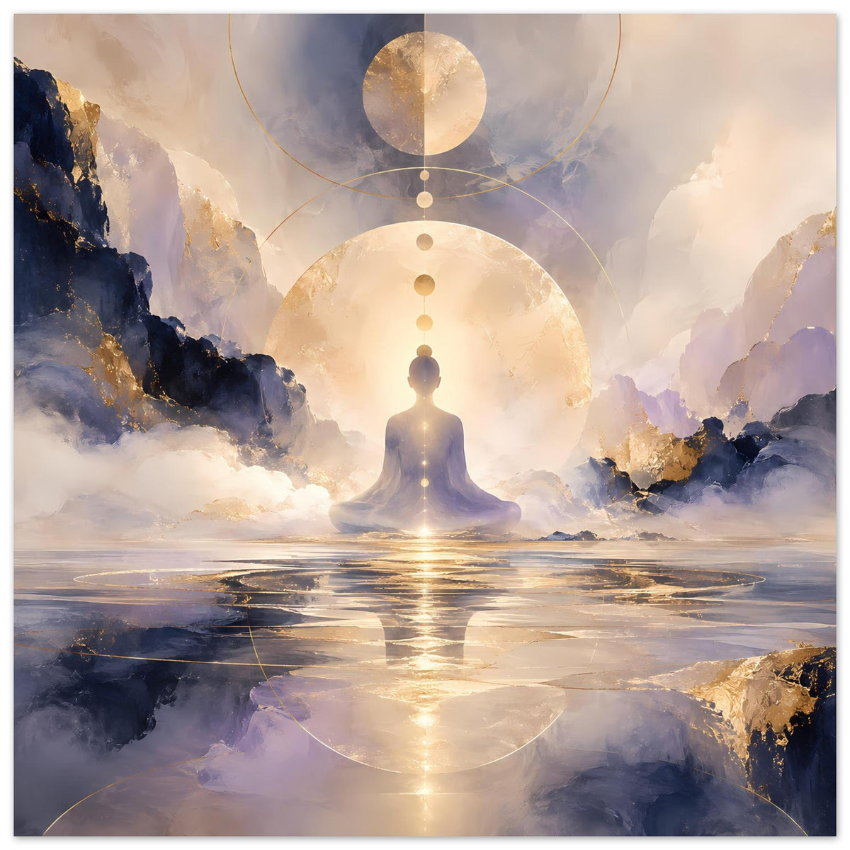 Meditationsposter: ruhende Silhouette, Goldmond und große Kreisform über Wasser und Bergen.
