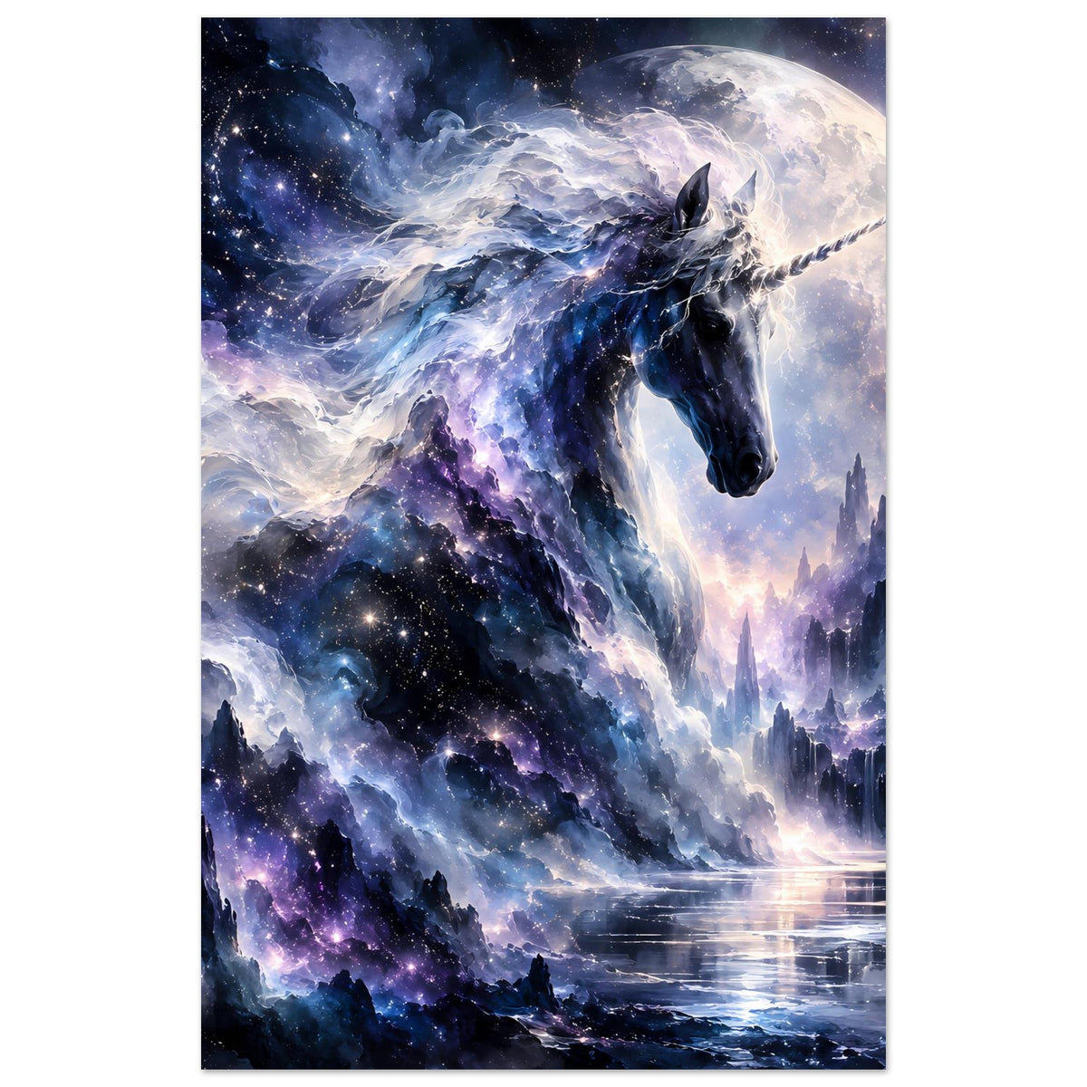 Unicorn-Galaxieposter im Hochformat: Einhorn auf Sternenhimmel mit Mond und Burgsilhouette