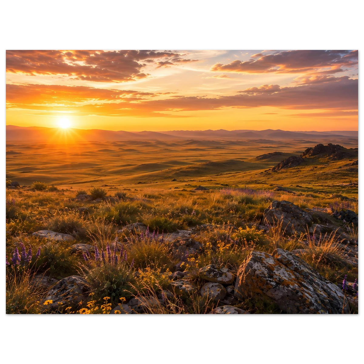 Naturposter Sonnenuntergang über Landschaft, horizontales Layout, Sonne links, Vordergrund mit Steinen