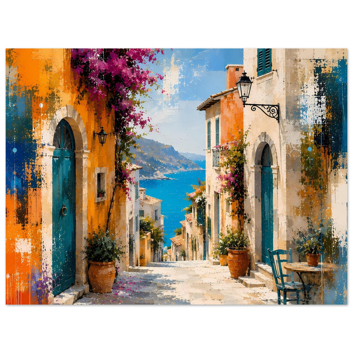 Kunstposter: mediterrane Gasse mit türkisblauen Türen, orange Wänden, lila Blüten und Pflanzgefäßen