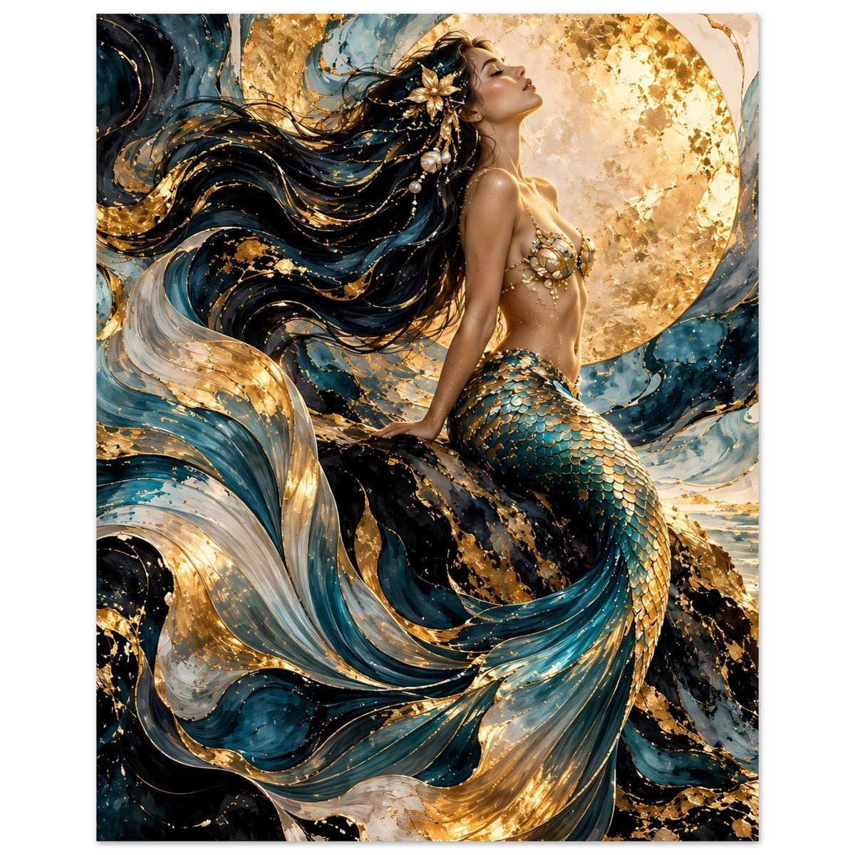 Vertikales Meerjungfrauen-Poster mit Türkis-Gold-Flossen, goldenem Kreis und langen Haaren