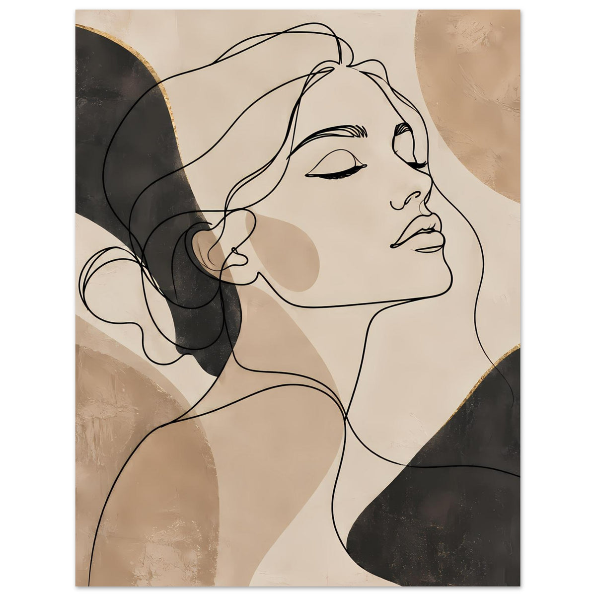 Kunstposter mit Linienprofil der Frau, beige Hintergründe, schwarze Schattenformen