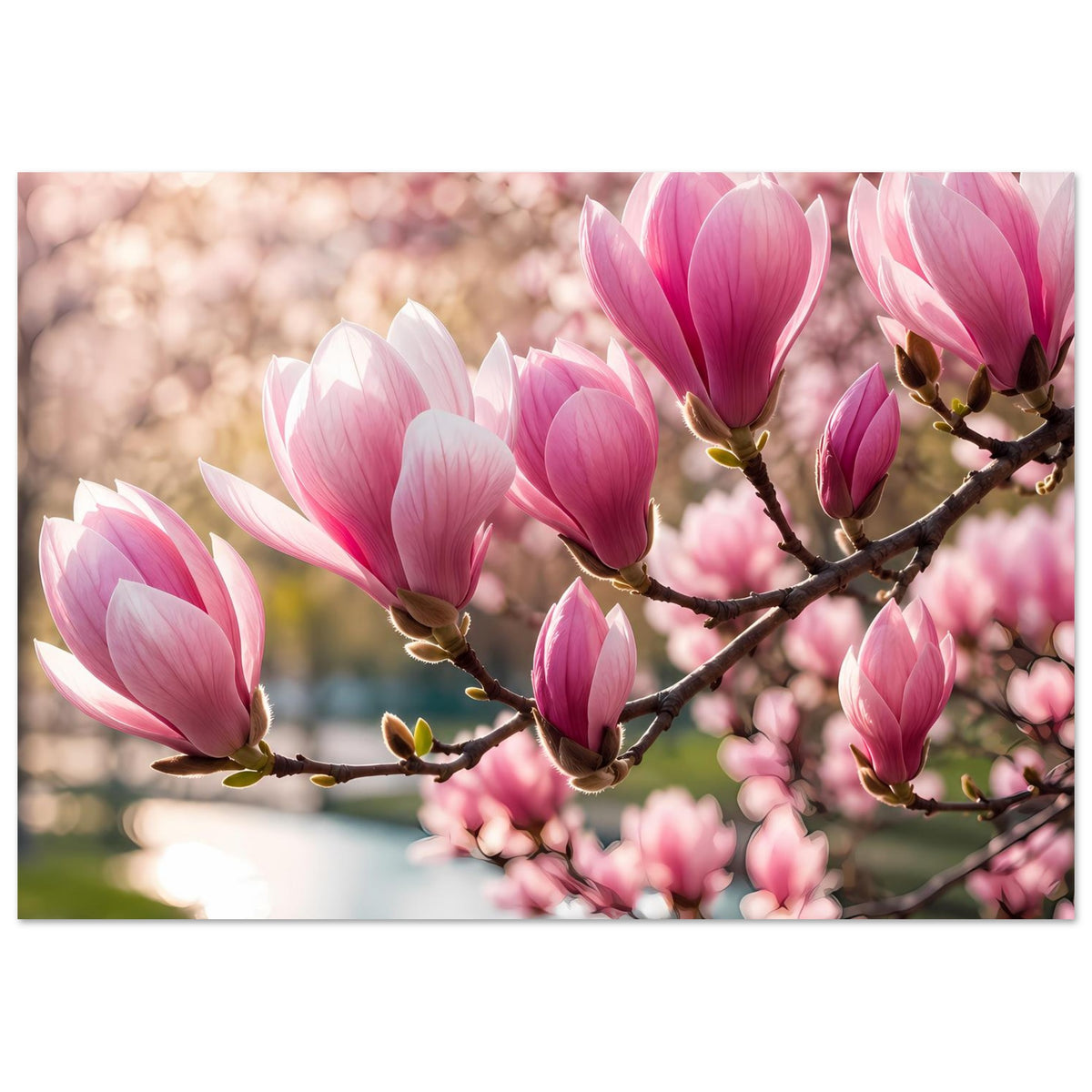 Magnolienblüten-Zweig mit rosa und weißen Blüten, als Poster gedruckt