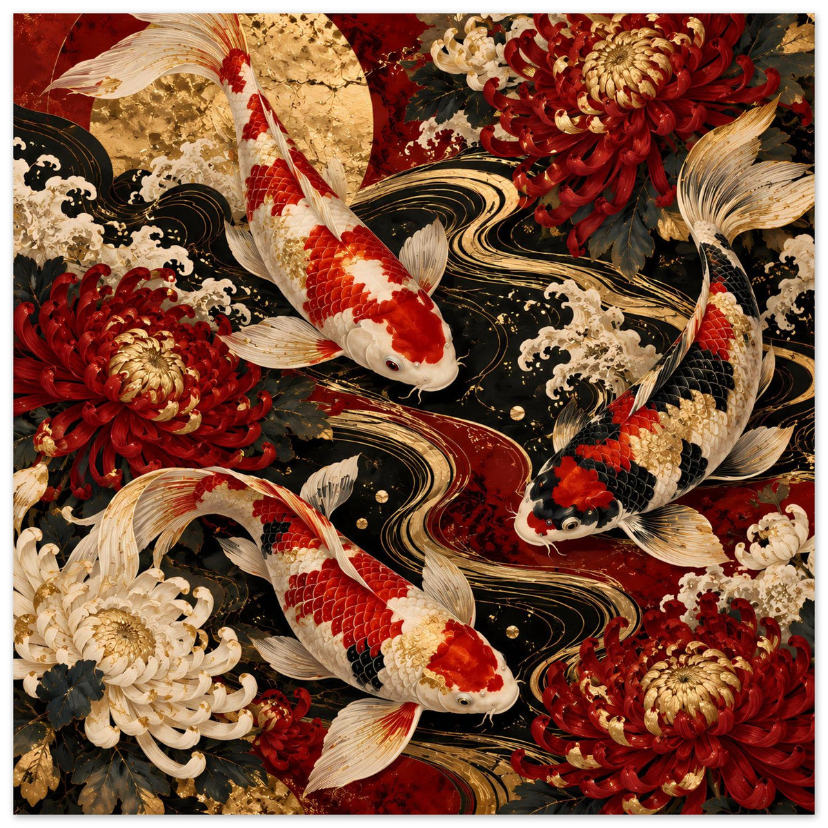 Vertikales Koi-Karpfen-Poster mit vier Koi-Fischen, roten Chrysanthemen und goldenen Akzenten