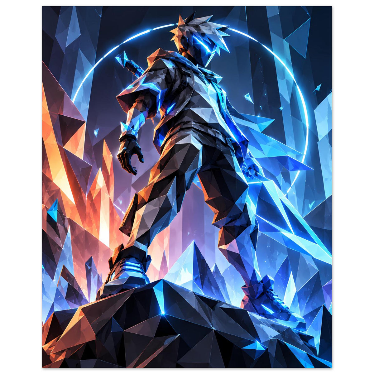 Neon-Poster: futuristischer Krieger mit kreisförmigem Lichtbogen, blaues und oranges Polygonmuster