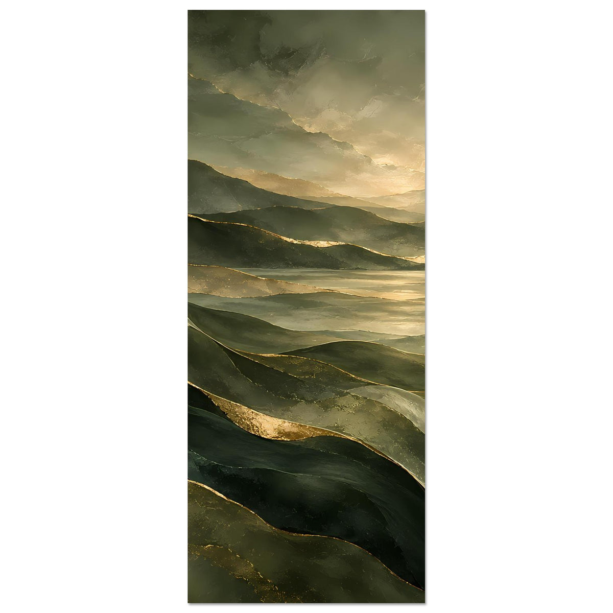 Schmales, vertikales Landschafts-Poster mit grünen Ebenen und goldenen Lichtkanten